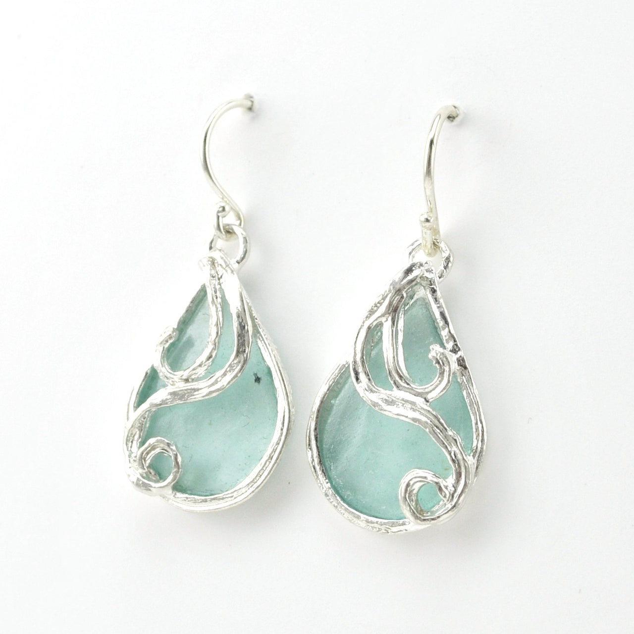 Side View Silver Roman Glass Teardrop Swirl Dangle Earrings
