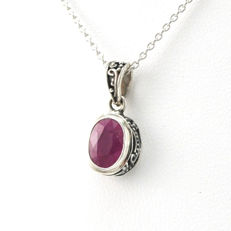 Side View Silver Ruby 6x8mm Oval Bali Necklace