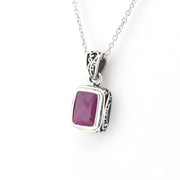 Silver Ruby 6x8mm Rectangle Bali Necklace on white background