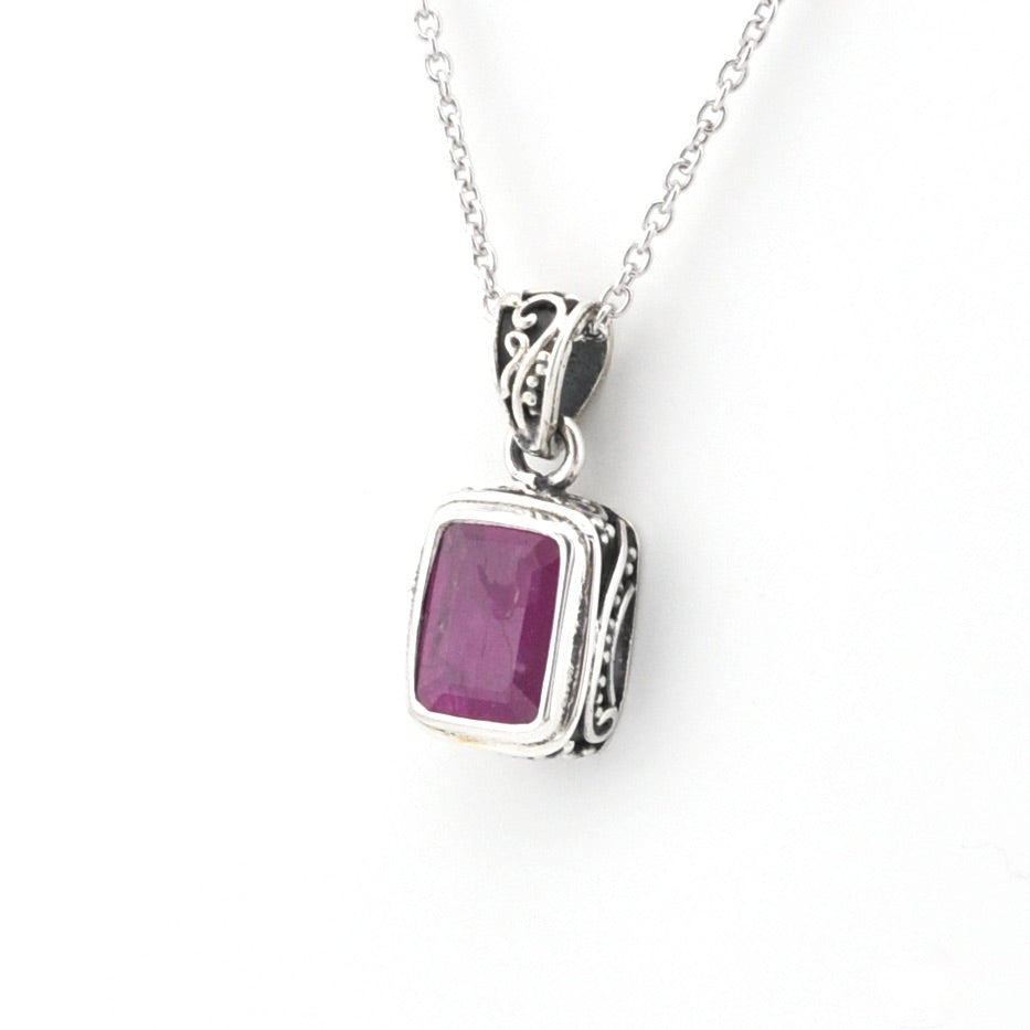 Silver Ruby 6x8mm Rectangle Bali Necklace on white background
