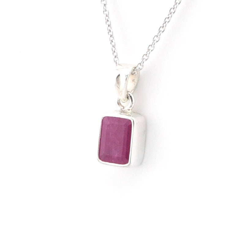 Silver Ruby 6x8mm Rectangle Necklace on white background