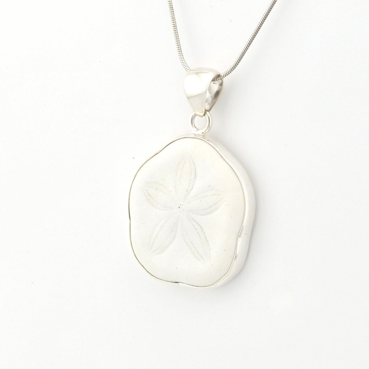 Silver pendant necklace on a white background