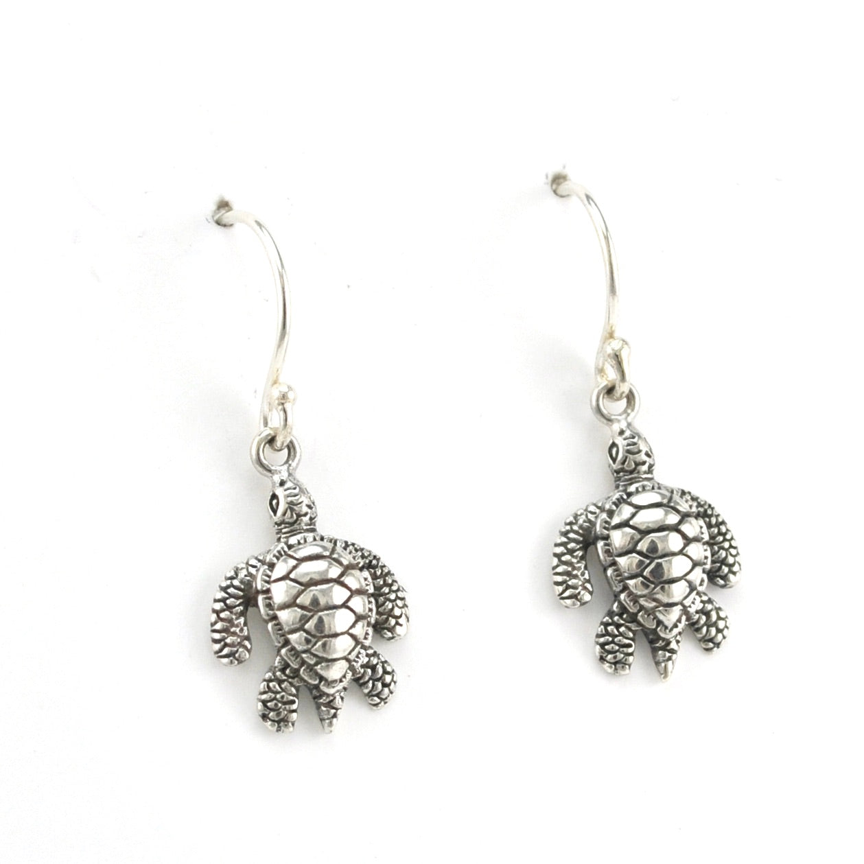 Side View Silver Sea Turtle Dangle Earrings