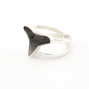 Silver ring with a shark tooth on a white background