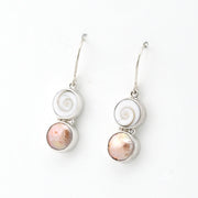 Handmade Silver Shiva Shell Bronze Pearl Dangle Earrings on white backgound