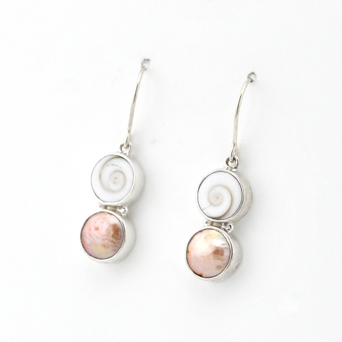 Handmade Silver Shiva Shell Bronze Pearl Dangle Earrings on white backgound