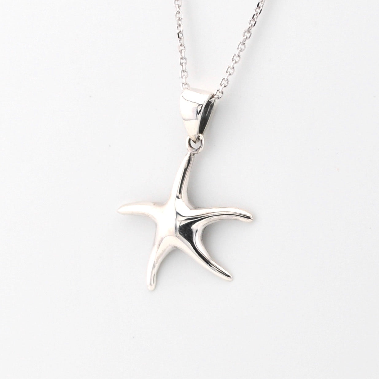 Silver starfish pendant on a chain against a white background