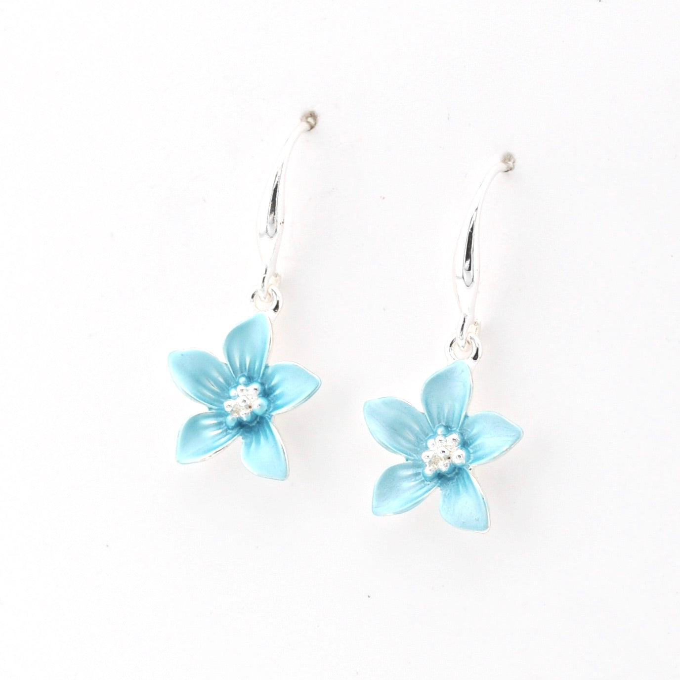 Pair of light blue flower-shaped earrings on a white background