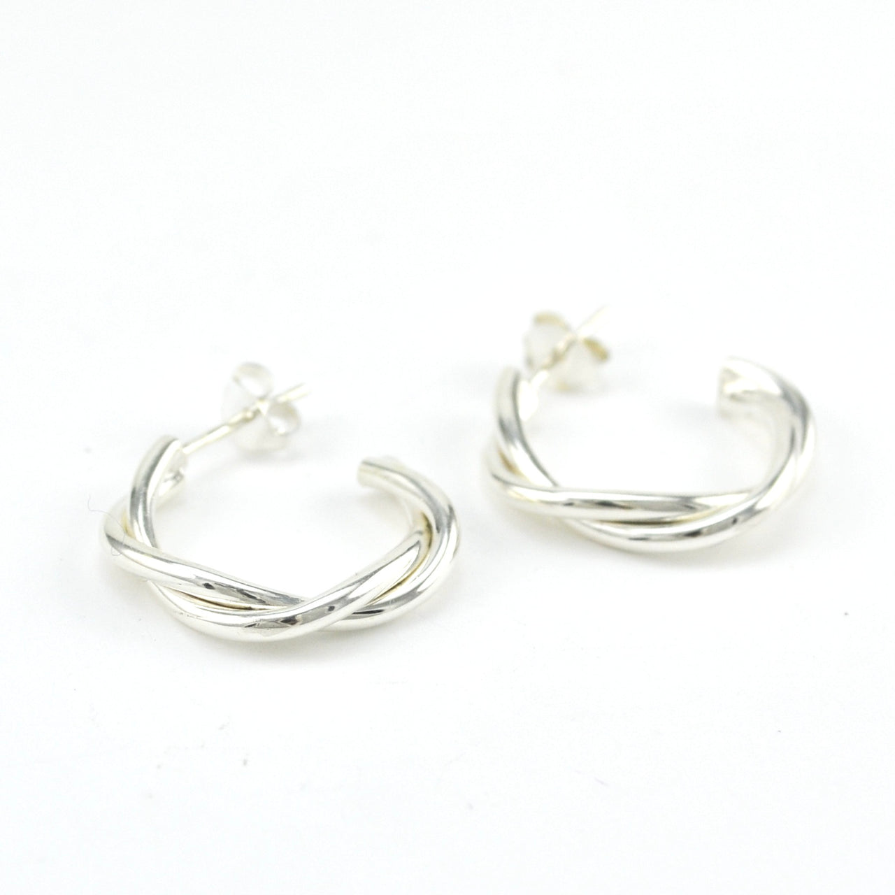 Side View Silver Twist Hoop Post Earrings