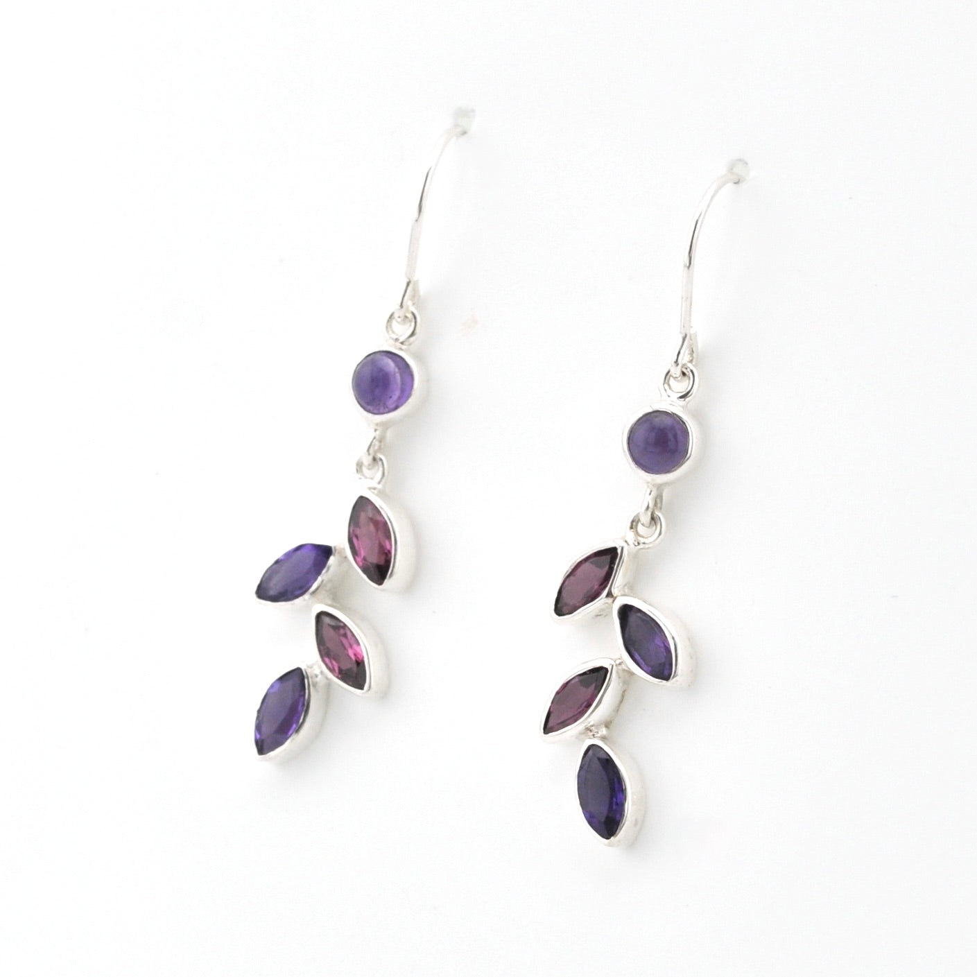Sterling Amethyst Rhodolite Garnet Marquise Earrings on white background