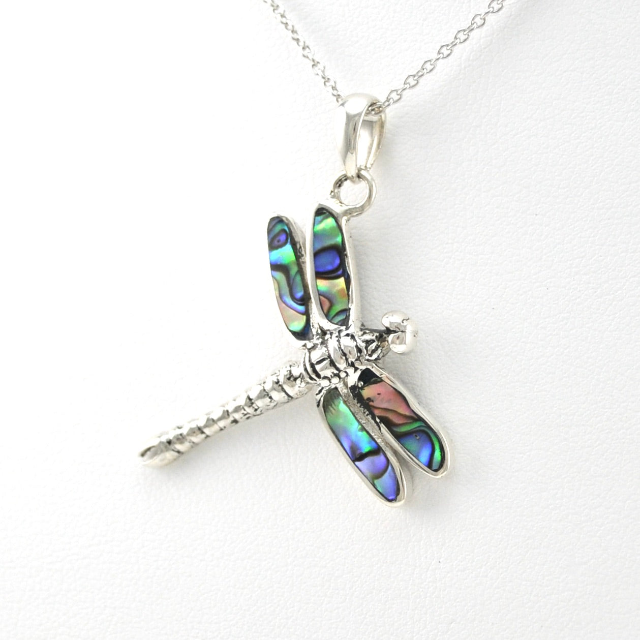 Side View Sterling Silver Abalone Dragonfly Necklace