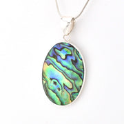 Multicolored abalone shell pendant on a white background