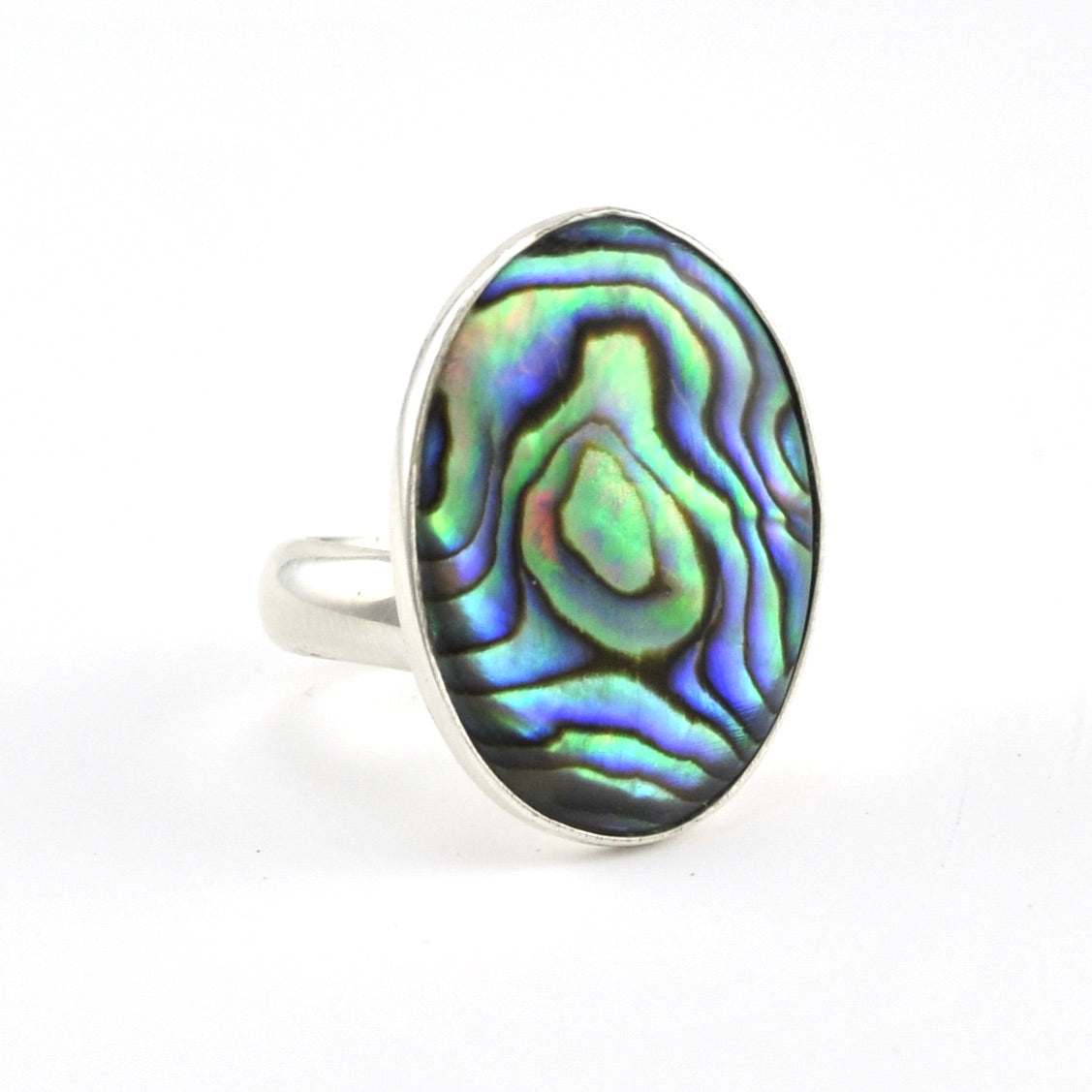 Side View Sterling Silver Abalone Oval Adjustable Ring