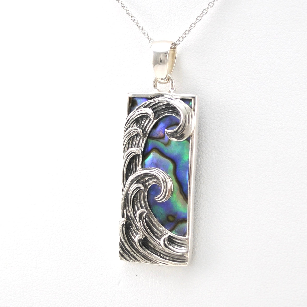 Side View Sterling Silver Abalone Rectangular Wave Necklace