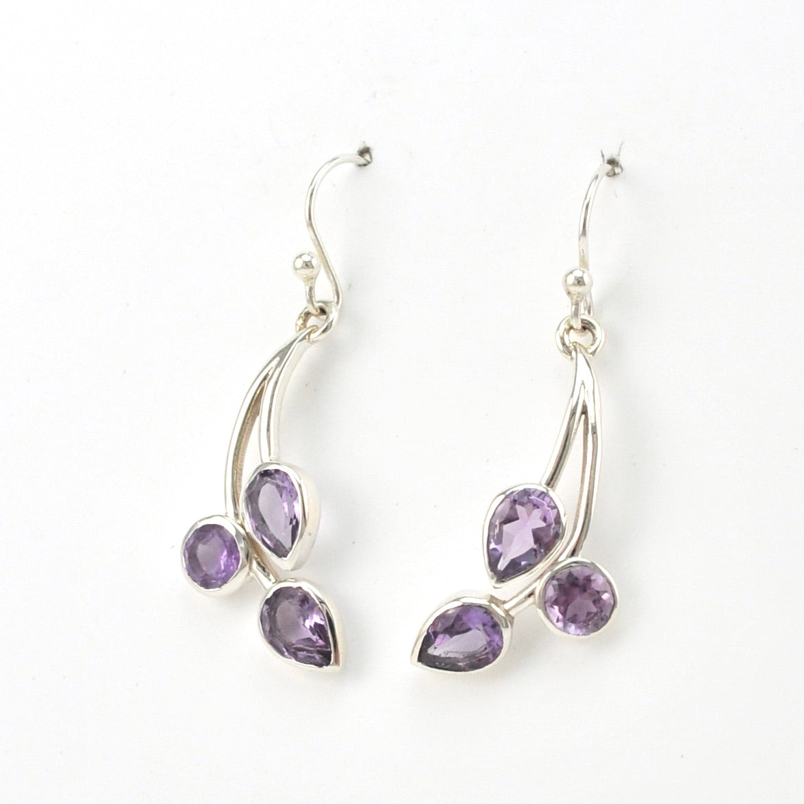 Side View Sterling Silver Amethyst 3 Stone Drop Earrings