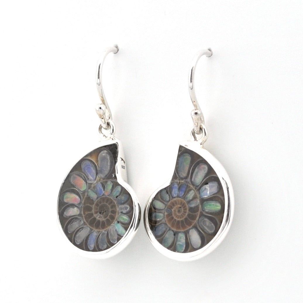 A pair of silver drop earrings featuring teardrop-shaped settings filled with iridescent fossil inlay, likely ammonite, on a plain white background.