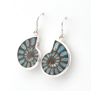 A pair of silver dangle earrings featuring polished spiral ammonite fossils with light blue and dark brown inclusions, set in silver hooks against a plain white background.