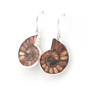 A pair of silver dangle earrings featuring circular inlay designs of fossilized ammonite shells in shades of brown, bronze, and copper, shown against a plain white background.