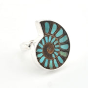 A silver ring featuring a large, stylized spiral inlay of brown fossilized ammonite with light blue turquoise-like segments, shown on a plain white background.