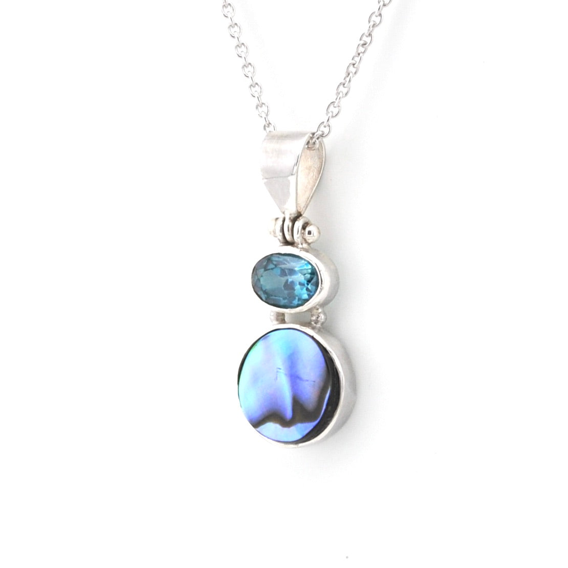 Silver necklace with a pendant featuring two blue stones on a white background