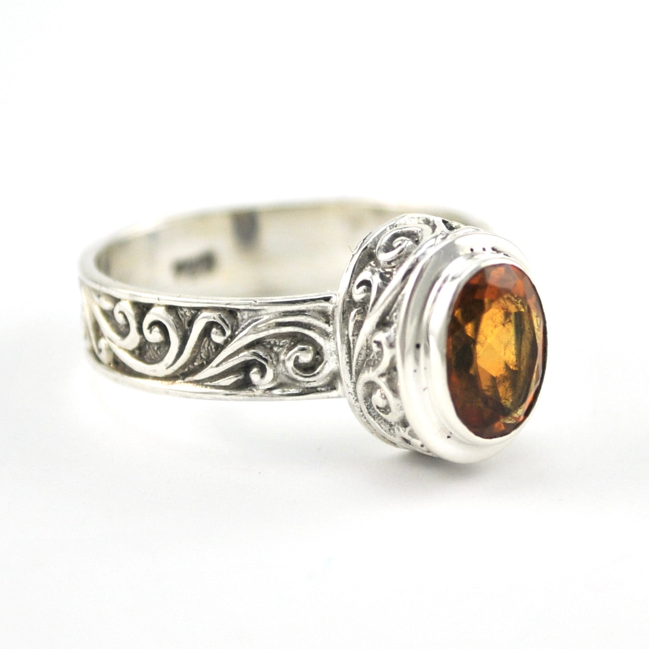 Side View Sterling Silver Citrine 6x8mm Oval Swirl Band Ring