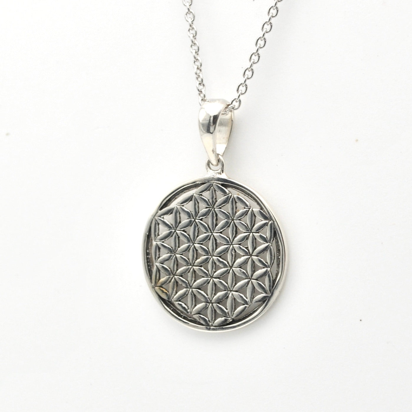 Side View Sterling Silver Flower of Life Necklace