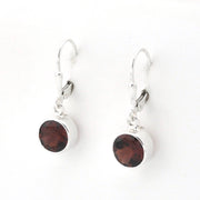 A pair of silver leverback earrings with round dark brown faceted gemstones in silver bezel settings, shown on a plain white background.