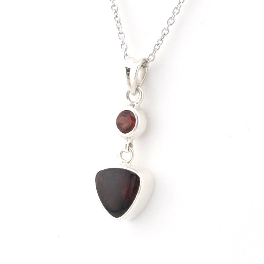 Side View Sterling Silver Garnet Round Trillion Necklace