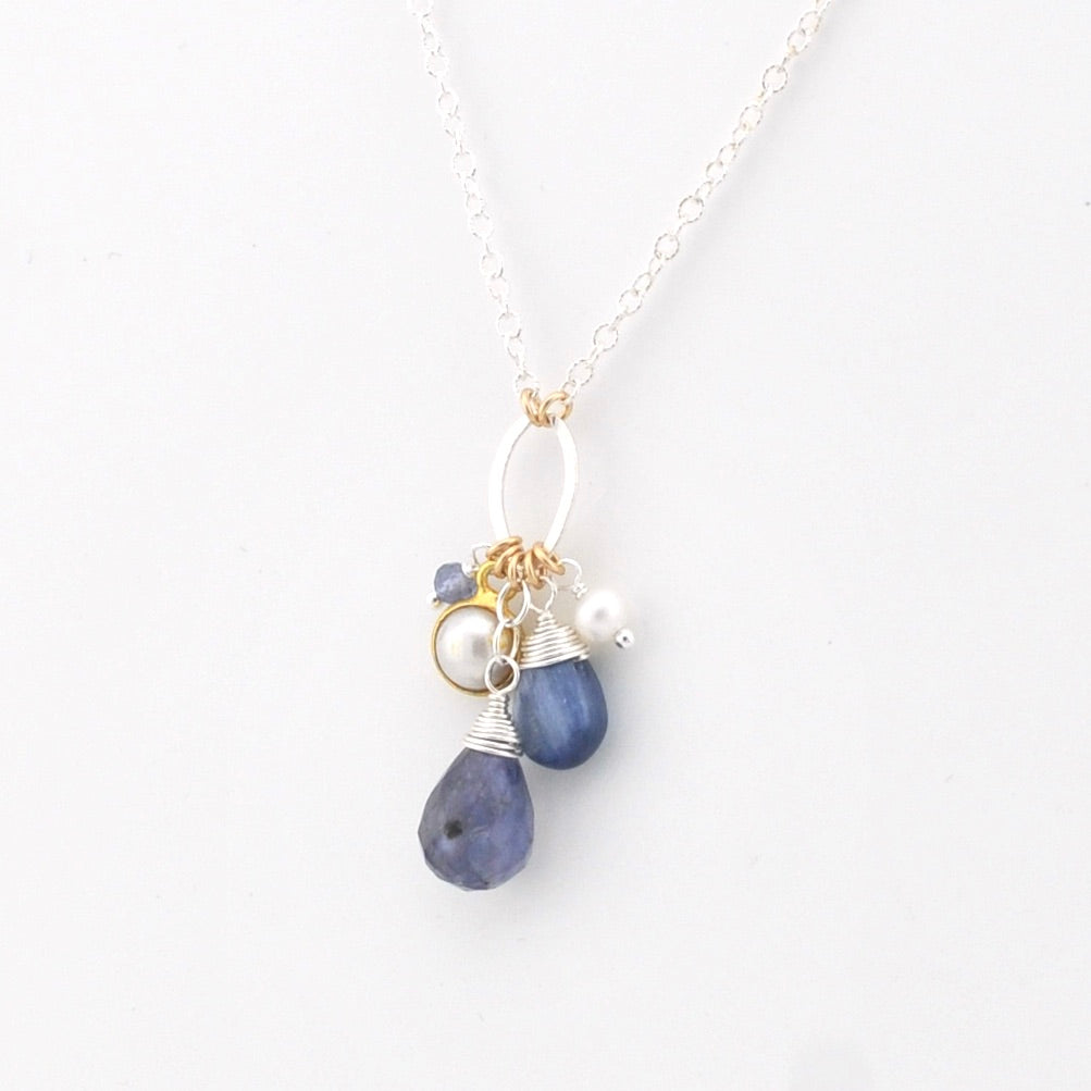 Side View Sterling Silver Iolite Kyanite Pearl Cluster Necklace