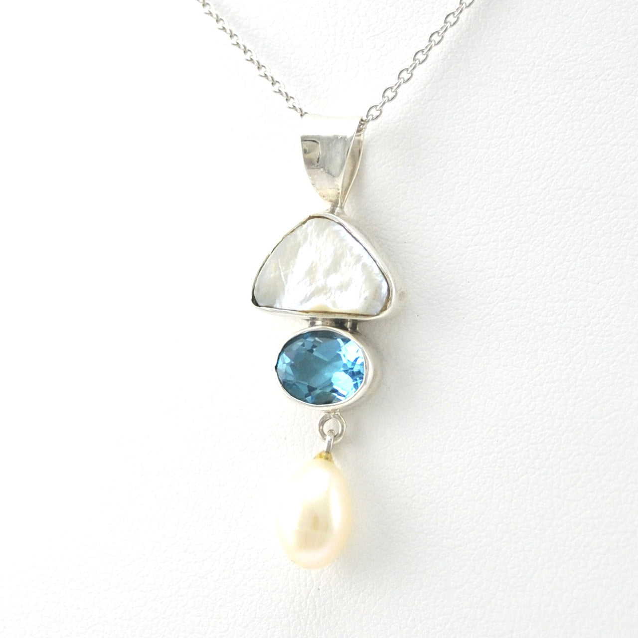 Side View Sterling Silver Keshi Pearl Topaz Pearl Drop Necklace