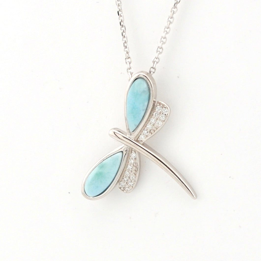 Side View Sterling Silver Larimar CZ Dragonfly Necklace