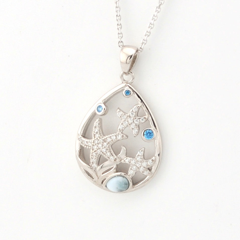 Side View Sterling Silver Larimar CZ Starfish Necklace
