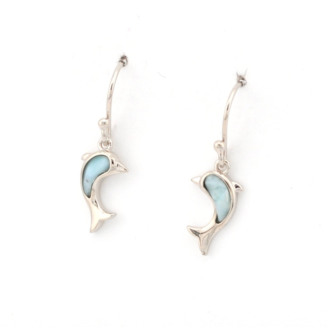 Side View Sterling Silver Larimar Dolphin Dangle Earrings