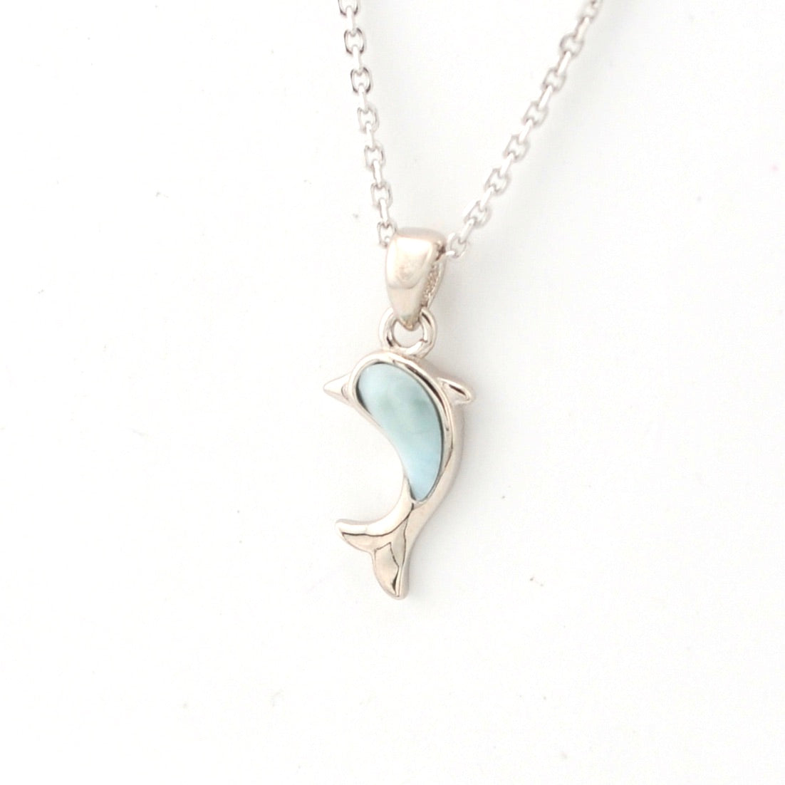 Side View Sterling Silver Larimar Dolphin Small Necklace