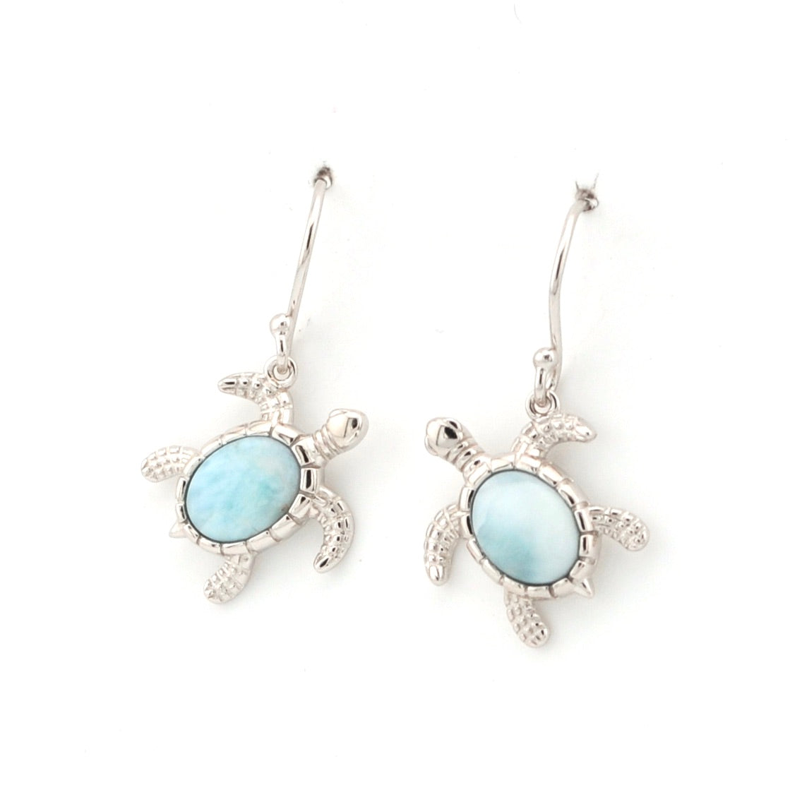Side View Sterling Silver Larimar Oval Stone Sea Turtle Dangle Earrings