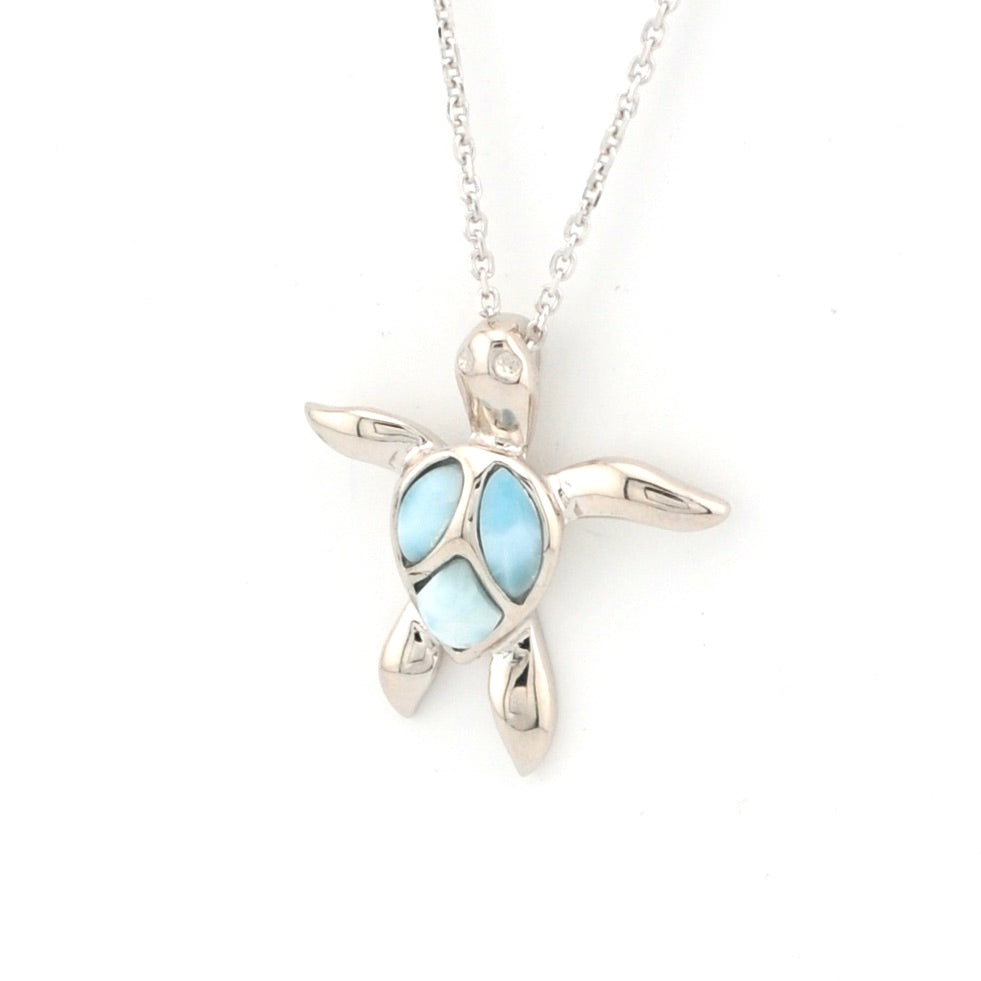 Side View Sterling Silver Larimar Peaceful Sea Turtle Necklace