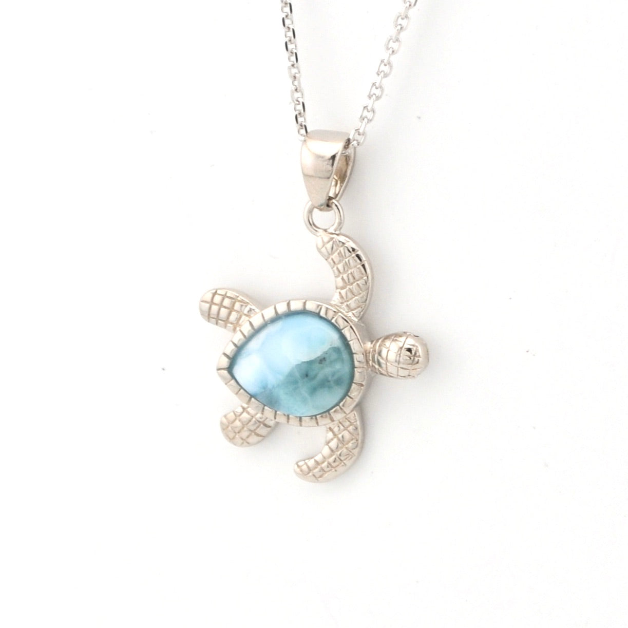 Side View Sterling Silver Larimar Pear Stone Sea Turtle Necklace