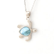 Side View Sterling Silver Larimar Pear Stone Sea Turtle Necklace