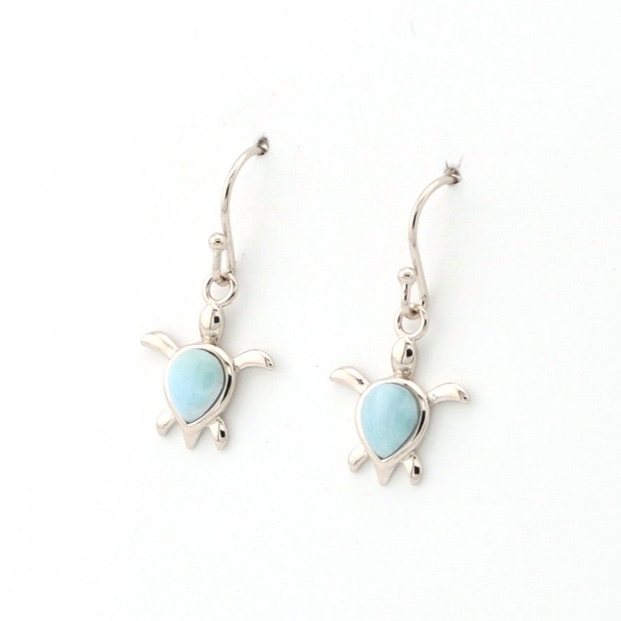 Side View Sterling Silver Larimar Sea Turtle Dangle Earrings