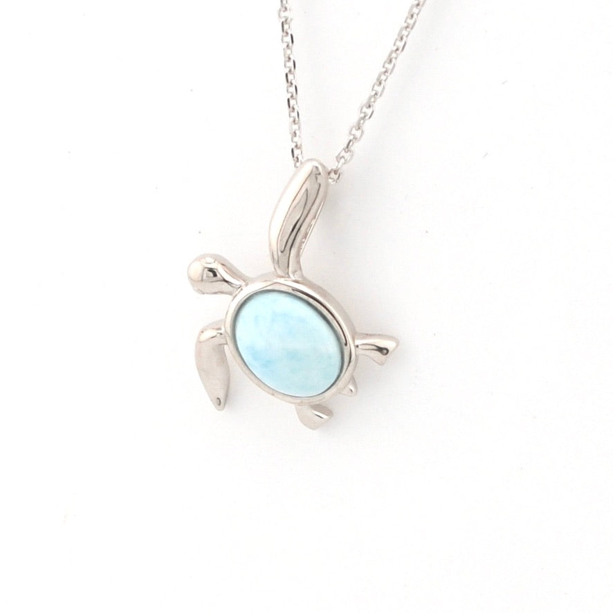 Side View Sterling Silver Larimar Sea Turtle Hidden Bail Necklace