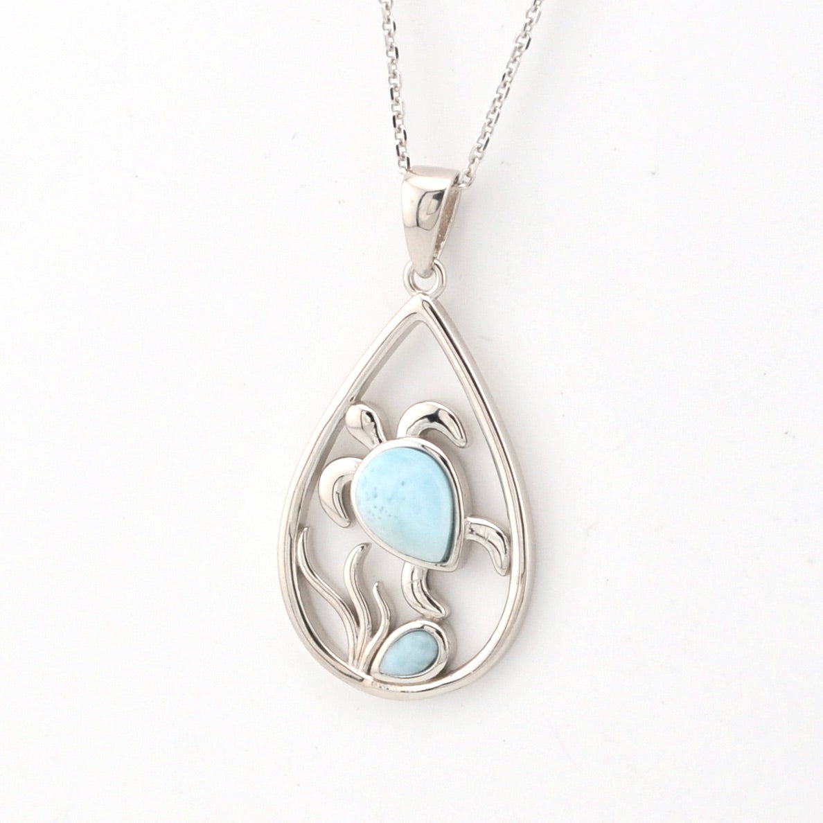 Side View Sterling Silver Larimar Sea Turtle Scene Tear Necklace