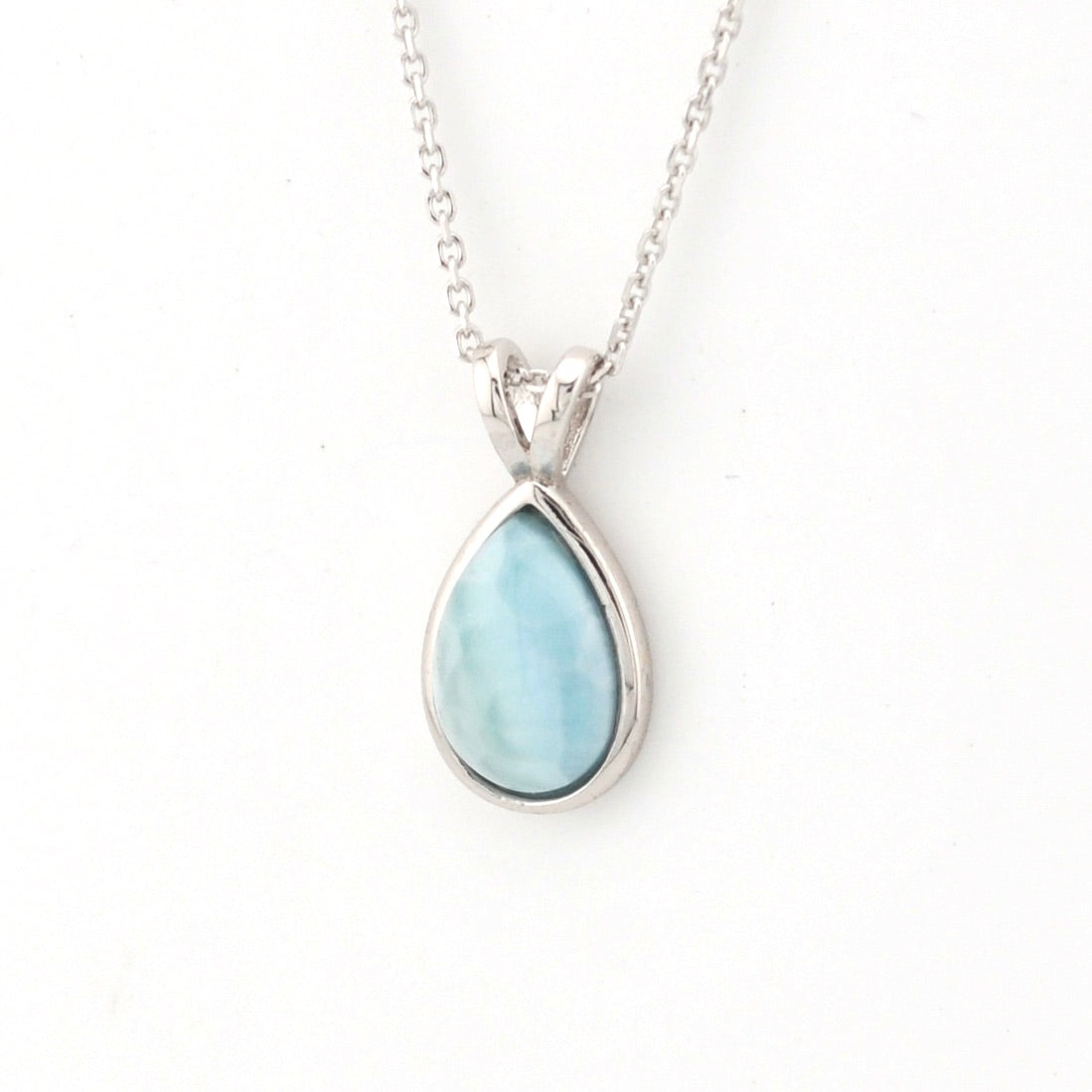 Side View Sterling Silver Larimar Small Tear Necklace