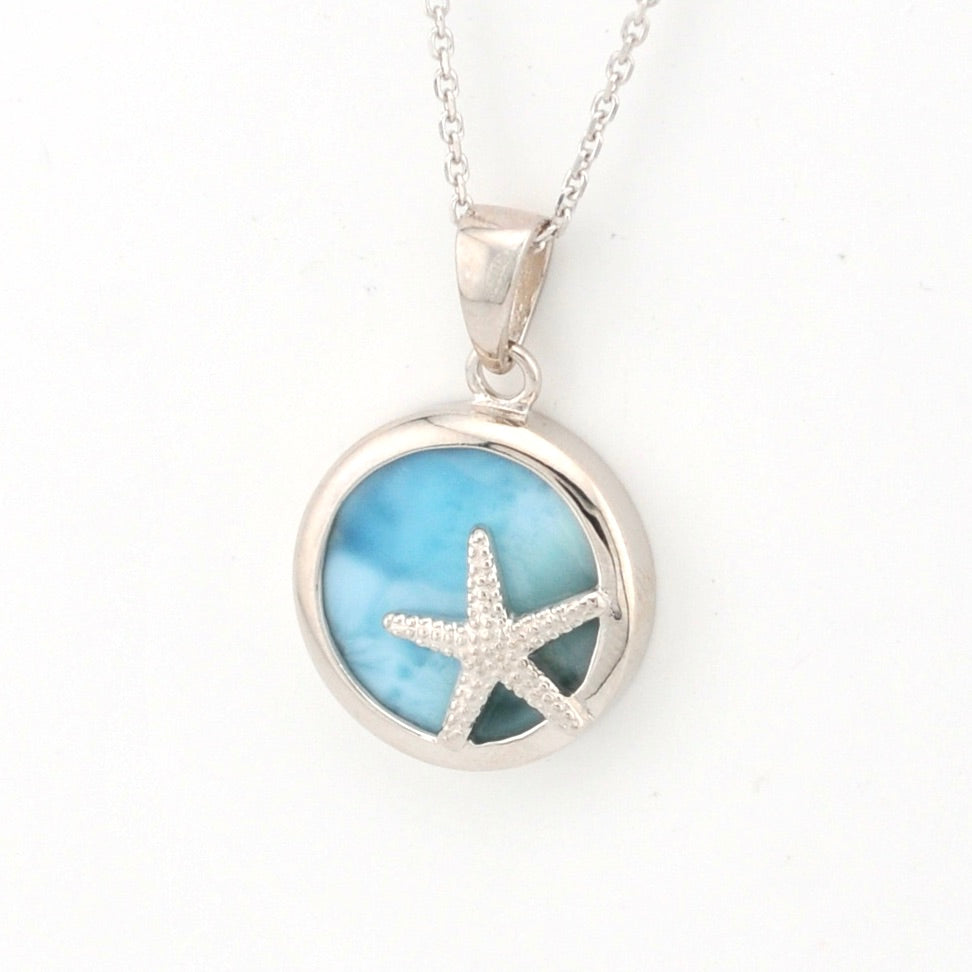 Side View Sterling Silver Larimar with Starfish Necklace