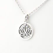 Silver necklace with a lotus flower pendant on a white background