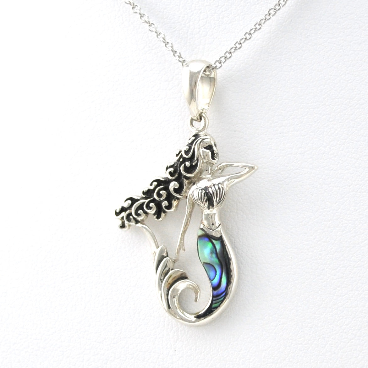 Side View Sterling Silver Mermaid with Abalone Tail Necklace