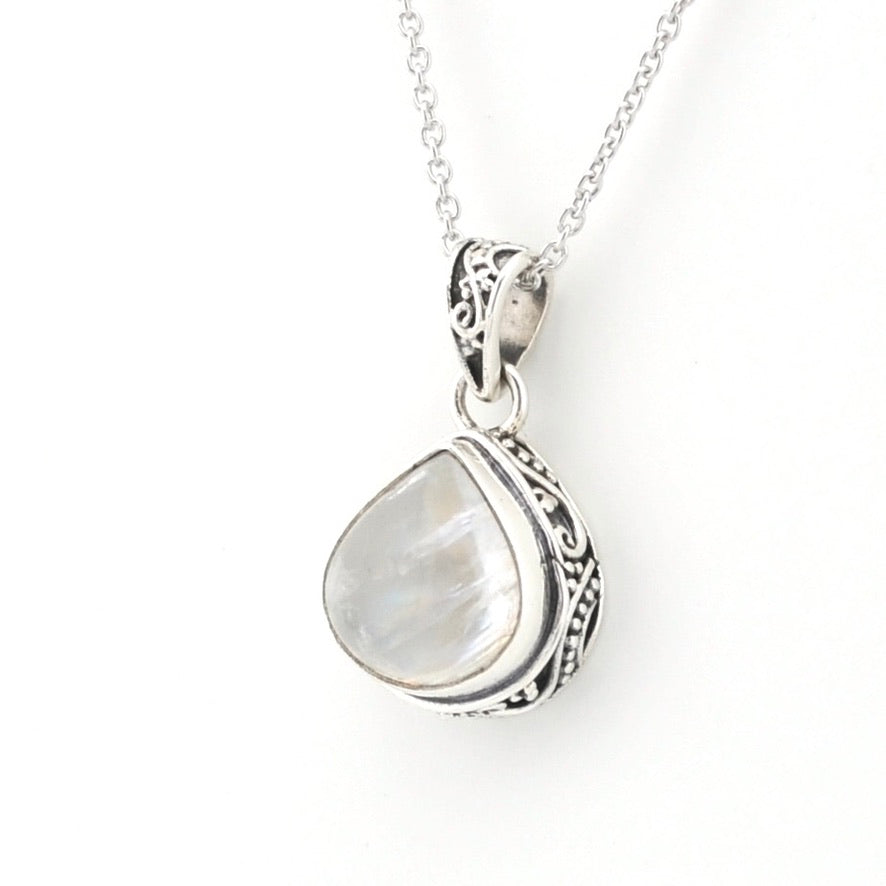 Side View Sterling Silver Moonstone 10x12mm Tear Bali Necklace