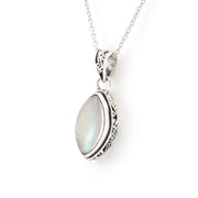 A silver pendant necklace featuring a marquise-shaped iridescent white stone, set in an ornate silver bezel with a delicate silver chain against a plain white background.