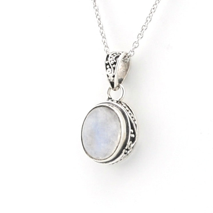 Side View Sterling Silver Moonstone 8x10mm Oval Bali Necklace