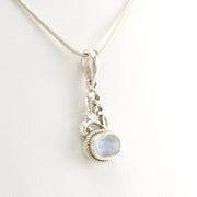 Side View Sterling Silver Oval Rainbow Moonstone Scroll Pendant