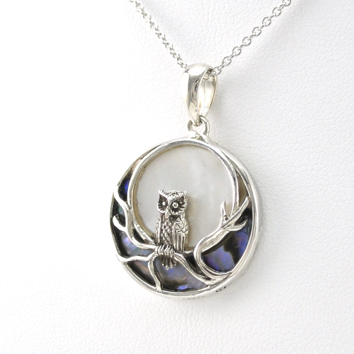 Side View Sterling Silver Owl in the Moon Light with Shell Necklace